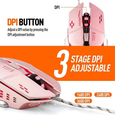 Guiheng Wired Gaming Mouse, Optical USB Mice for Laptop/Desktop, 1200 to 3600 and RGB Light, Ergonomic with 6 Programmable Buttons for Computer Windows 7/8/10/XP Vista Linux Chromebook PC(Pink) in Kuwait