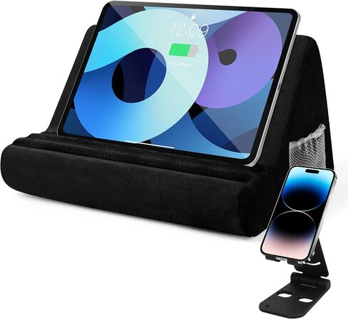 Soft Tablet Stand Pillow with Pocket,Adjustable 3 Viewing Angle,Lazy Holder for Bed Sofa,Compatible with iPads Tablets eReaders Smartphones Books Magazines (Black) in Kuwait