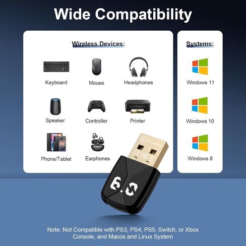 USB Bluetooth Adapter for PC, Bluetooth 6.0 Dongle Receiver EDR & BLE in Kuwait