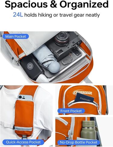 CROSS GEAR Packable Hiking Backpack, 24L Lightweight Foldable Daypack, RFID Secure Pocket, Nylon Fabric, Water Resistant Small Travel Hiking Daypack for Women Men, Orange in Saudi Arabia