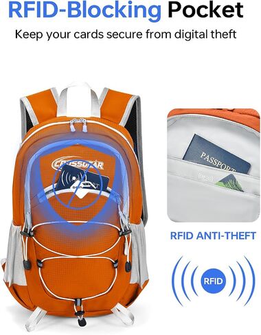 CROSS GEAR Packable Hiking Backpack, 24L Lightweight Foldable Daypack, RFID Secure Pocket, Nylon Fabric, Water Resistant Small Travel Hiking Daypack for Women Men, Orange in Saudi Arabia