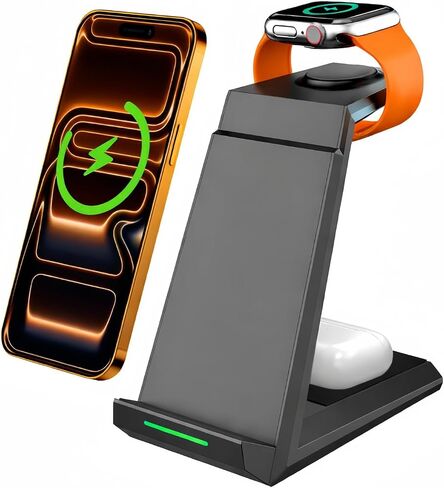 Wireless Charging Station for iPhone - ADADPU 3 in 1 Charger Stand for iPhone 17 16 15 14 13 12 11 Pro Max XR 8 Plus, for Apple Watch 8/7/SE/6/5/4/3/2, AirPods Pro/3/2(with 5ft Cable and 20W Adapter) in Kuwait
