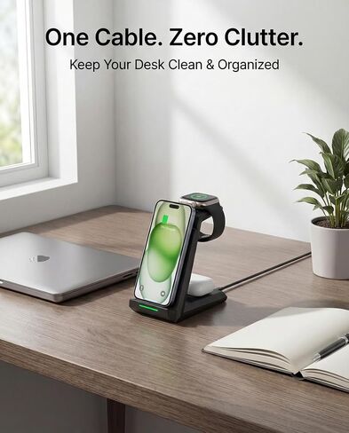 Wireless Charging Station for iPhone - ADADPU 3 in 1 Charger Stand for iPhone 17 16 15 14 13 12 11 Pro Max XR 8 Plus, for Apple Watch 8/7/SE/6/5/4/3/2, AirPods Pro/3/2(with 5ft Cable and 20W Adapter) in Kuwait