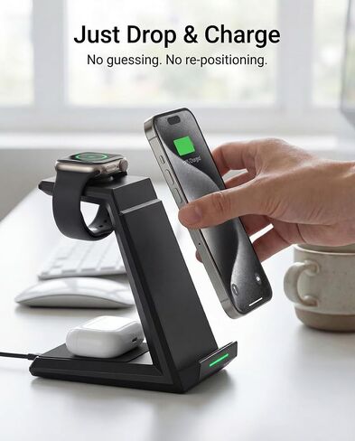 Wireless Charging Station for iPhone - ADADPU 3 in 1 Charger Stand for iPhone 17 16 15 14 13 12 11 Pro Max XR 8 Plus, for Apple Watch 8/7/SE/6/5/4/3/2, AirPods Pro/3/2(with 5ft Cable and 20W Adapter) in Kuwait