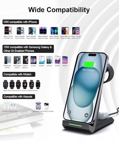 Wireless Charging Station for iPhone - ADADPU 3 in 1 Charger Stand for iPhone 17 16 15 14 13 12 11 Pro Max XR 8 Plus, for Apple Watch 8/7/SE/6/5/4/3/2, AirPods Pro/3/2(with 5ft Cable and 20W Adapter) in Kuwait