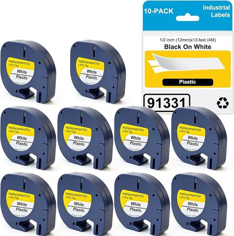 10-Pack Compatible with Dymo LetraTag Label Maker Refills 91331 Plastic White Tape, Work with Labeler Letra Tag 200B, LT 100T 100H Plus printer-12mm x 4m (1/2" x 13') in Kuwait