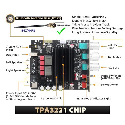 ZK-1002T MAX 2.0 Channel 200W Bluetooth Power Amplifier Board, TPA3221 Chip, Vehicle Amp with Bluetooth/AUX/USB Inputs in Saudi Arabia