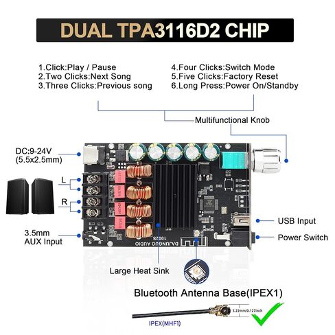 DAJUNGUO 1002S 2.0 Bluetooth Amplifier Board with Dual TPA3116D2 Chips, 100W+100W Power Output, Wide Voltage Range of 9-24V DC, Bluetooth/USB/3.5mm AUX Input Modes Supported in Kuwait