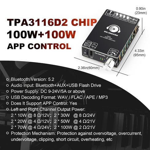 DAJUNGUO 1002S 2.0 Bluetooth Amplifier Board with Dual TPA3116D2 Chips, 100W+100W Power Output, Wide Voltage Range of 9-24V DC, Bluetooth/USB/3.5mm AUX Input Modes Supported in Kuwait