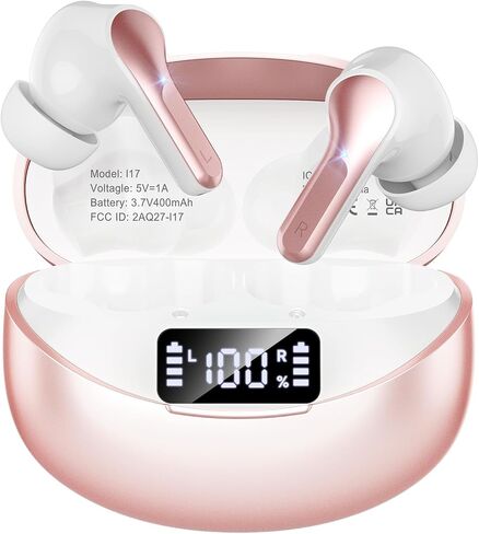 Wireless Earbuds Bluetooth 5.4 HiFi Stereo Headphones with Noise Cancelling Mic, 50H Playback In Ear Buds with LED Digital Display, IPX7 Waterproof Earphones for Office/Running/Workout (Rose Gold) in Kuwait