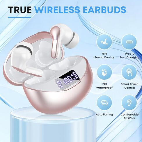 Wireless Earbuds Bluetooth 5.4 HiFi Stereo Headphones with Noise Cancelling Mic, 50H Playback In Ear Buds with LED Digital Display, IPX7 Waterproof Earphones for Office/Running/Workout (Rose Gold) in Kuwait