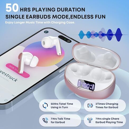 Wireless Earbuds Bluetooth 5.4 HiFi Stereo Headphones with Noise Cancelling Mic, 50H Playback In Ear Buds with LED Digital Display, IPX7 Waterproof Earphones for Office/Running/Workout (Rose Gold) in Kuwait