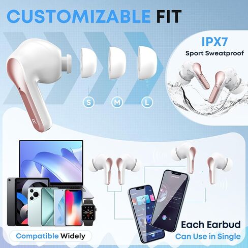 Wireless Earbuds Bluetooth 5.4 HiFi Stereo Headphones with Noise Cancelling Mic, 50H Playback In Ear Buds with LED Digital Display, IPX7 Waterproof Earphones for Office/Running/Workout (Rose Gold) in Kuwait