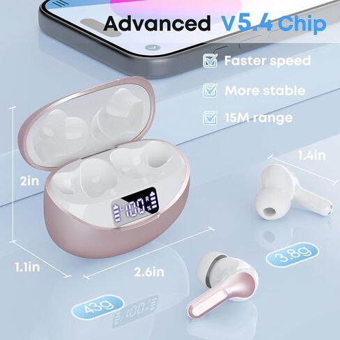 Wireless Earbuds Bluetooth 5.4 HiFi Stereo Headphones with Noise Cancelling Mic, 50H Playback In Ear Buds with LED Digital Display, IPX7 Waterproof Earphones for Office/Running/Workout (Rose Gold) in Kuwait