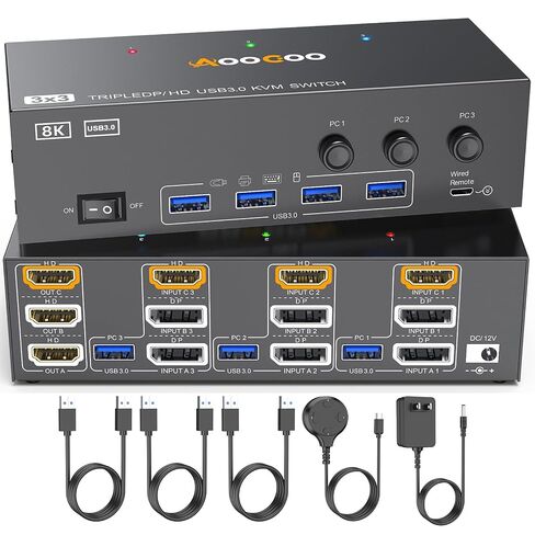 8K HDMI DP KVM Switch 3 Monitors 3 Computers, 8K@60Hz/4K@144Hz Triple Monitor KVM Switches for 3 Computers Sharing 3 Monitors, Keyboard and Mouse,with USB Cables,Controller and Power Adapter in Kuwait