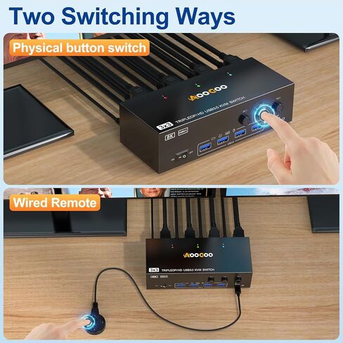 8K HDMI DP KVM Switch 3 Monitors 3 Computers, 8K@60Hz/4K@144Hz Triple Monitor KVM Switches for 3 Computers Sharing 3 Monitors, Keyboard and Mouse,with USB Cables,Controller and Power Adapter in Kuwait