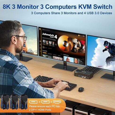 8K HDMI DP KVM Switch 3 Monitors 3 Computers, 8K@60Hz/4K@144Hz Triple Monitor KVM Switches for 3 Computers Sharing 3 Monitors, Keyboard and Mouse,with USB Cables,Controller and Power Adapter in Kuwait