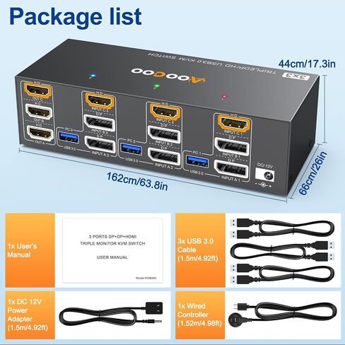 8K HDMI DP KVM Switch 3 Monitors 3 Computers, 8K@60Hz/4K@144Hz Triple Monitor KVM Switches for 3 Computers Sharing 3 Monitors, Keyboard and Mouse,with USB Cables,Controller and Power Adapter in Kuwait