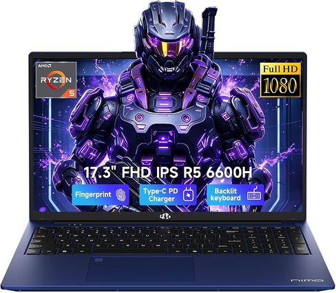 NIMO 17.3" AI-Creator-Laptop, 6-Core AMD R5 6600H 32GB RAM 1TB SSD (Beat i7-1355U up to 4.5GHz) Radeon 660M, FHD IPS 100W Fast PD for Video Editing, Multitasking, Remote Work & Study, 2-Yr Warranty in Kuwait