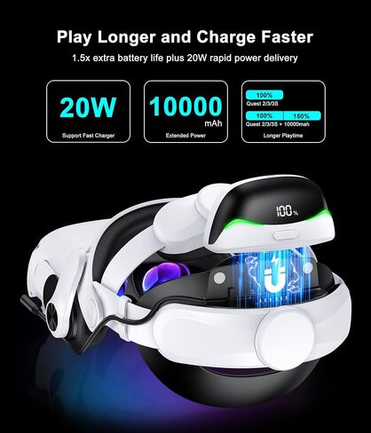 KawayeReal Battery Head Strap for Meta Quest 3/Quest 3S/Quest 2, with Magnetic Hot-Swappable & Detachable 10000mAh Battery Pack, Extends 3–5H Playtime, Comfortable VR Headset Strap for Oculus - MQ4003 in Kuwait