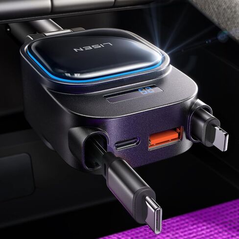 LISEN 96W Fast Charging Retractable Car Charger[USB C Cable & L Cable], 4 in 1 Retractable Car Charger Fast Charging Car Charger for iPhone 17 Pro Max 16 15 14 13, Samsung Galaxy S25/24,Black in Kuwait