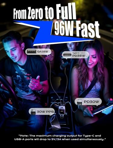 LISEN 96W Fast Charging Retractable Car Charger[USB C Cable & L Cable], 4 in 1 Retractable Car Charger Fast Charging Car Charger for iPhone 17 Pro Max 16 15 14 13, Samsung Galaxy S25/24,Black in Kuwait