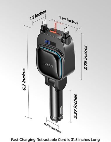 LISEN 96W Fast Charging Retractable Car Charger[USB C Cable & L Cable], 4 in 1 Retractable Car Charger Fast Charging Car Charger for iPhone 17 Pro Max 16 15 14 13, Samsung Galaxy S25/24,Black in Kuwait