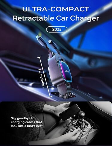 LISEN 96W Fast Charging Retractable Car Charger[USB C Cable & L Cable], 4 in 1 Retractable Car Charger Fast Charging Car Charger for iPhone 17 Pro Max 16 15 14 13, Samsung Galaxy S25/24,Black in Kuwait