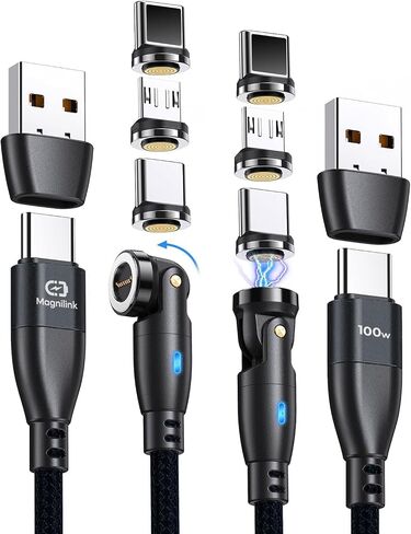 Magnilink 360 PRO 100W Magnetic USB C Phone Charger (Pack of 2) - 6 in 1 Magnet Charging Cable Fast Charging & Data - Works with i-Products, Type-C and Micro USB (Onyx Black) in Kuwait