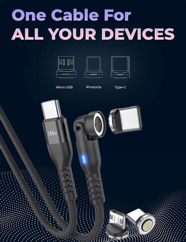 Magnilink 360 PRO 100W Magnetic USB C Phone Charger (Pack of 2) - 6 in 1 Magnet Charging Cable Fast Charging & Data - Works with i-Products, Type-C and Micro USB (Onyx Black) in Kuwait