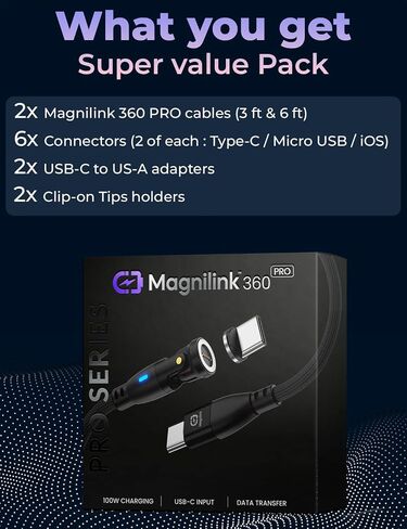 Magnilink 360 PRO 100W Magnetic USB C Phone Charger (Pack of 2) - 6 in 1 Magnet Charging Cable Fast Charging & Data - Works with i-Products, Type-C and Micro USB (Onyx Black) in Kuwait