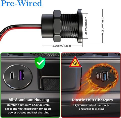 RV USB Outlet All-Aluminum DC 12V/24V PD3.0 & QC3.0 USB Charger, Recessed Mount Fast Charge Car USB Ports Outlet Cigarette Lighter Replacement for Camper, Trailer, Van, Car, Boat, Truck (Pre-Wired) in Kuwait