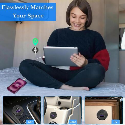 RV USB Outlet All-Aluminum DC 12V/24V PD3.0 & QC3.0 USB Charger, Recessed Mount Fast Charge Car USB Ports Outlet Cigarette Lighter Replacement for Camper, Trailer, Van, Car, Boat, Truck (Pre-Wired) in Kuwait