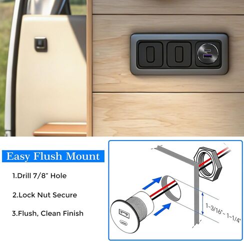 RV USB Outlet All-Aluminum DC 12V/24V PD3.0 & QC3.0 USB Charger, Recessed Mount Fast Charge Car USB Ports Outlet Cigarette Lighter Replacement for Camper, Trailer, Van, Car, Boat, Truck (Pre-Wired) in Kuwait
