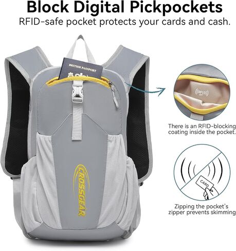 CROSSGEAR 16L Foldable Hiking Backpack, RFID Protection, Lightweight Waterproof Daypack, Packable Backpacks for Women Men, Small Hiking Daypack for Camping Travel Outdoor, Gray in Saudi Arabia