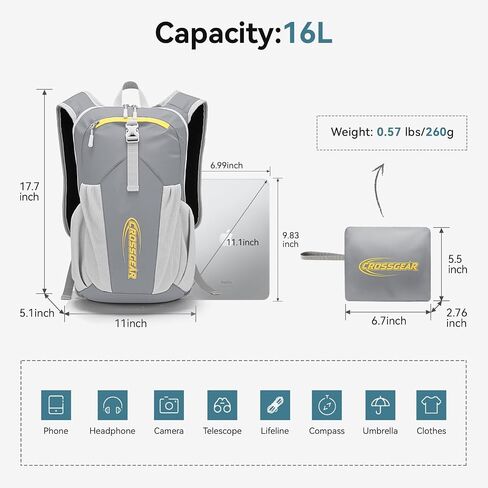 CROSSGEAR 16L Foldable Hiking Backpack, RFID Protection, Lightweight Waterproof Daypack, Packable Backpacks for Women Men, Small Hiking Daypack for Camping Travel Outdoor, Gray in Saudi Arabia