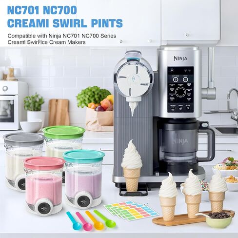 4 Pack Creami Swirl Pints & Lids for Ninja, Compatible with NC700 Series Ninja Swirl Ice Cream & Soft Serve Makers, with 4 Spoons & 64 Writable Labels, BPA-Free & Dishwasher Safe, Assorted Colors in Kuwait