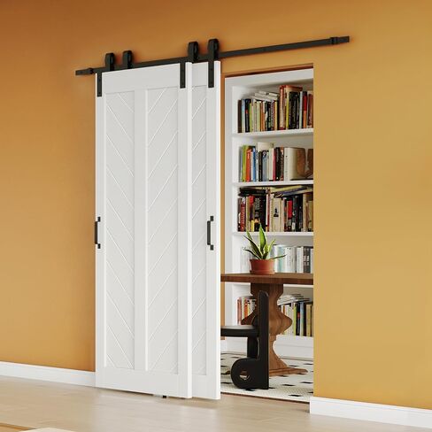 Bypass Barn Doors, 60" x 84" Sliding Barn Door with 6FT Sliding Bypass Barn Doors Hardware Kit, Single-Track for Double V-Frame Doors, MDF & DIY Painted, Easy Installation - White in Kuwait