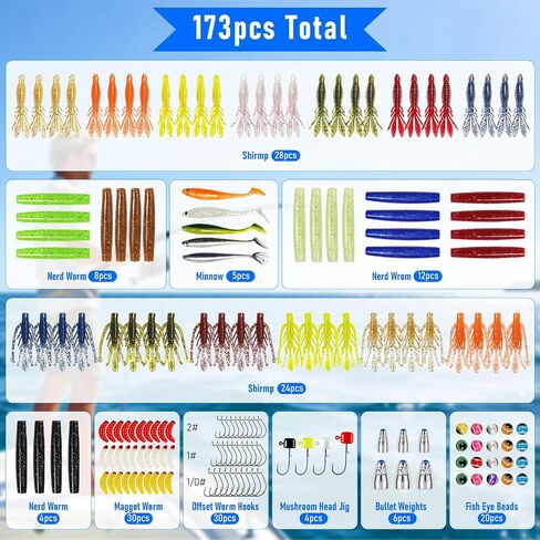 Bass Fishing Lures Kit, 173Pcs Soft Plastic Baits w/ 5 Styles in Kuwait