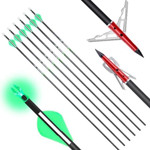 DEEPOWER 6 Pack 31-inch Carbon Arrows with Mechanical Broadheads and Lighted Nocks for Compound Bow and Recurve Bow in Kuwait