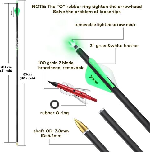 DEEPOWER 6 Pack 31-inch Carbon Arrows with Mechanical Broadheads and Lighted Nocks for Compound Bow and Recurve Bow in Kuwait