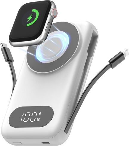 Magnetic Portable Charger 26800mAh for iPhone 17/16/15/14/13/12 with Built-in Cables，6-in-1 Wireless Power Bank with iWatch Charger and Compatible with Samsung, Android Phones(White) in Kuwait