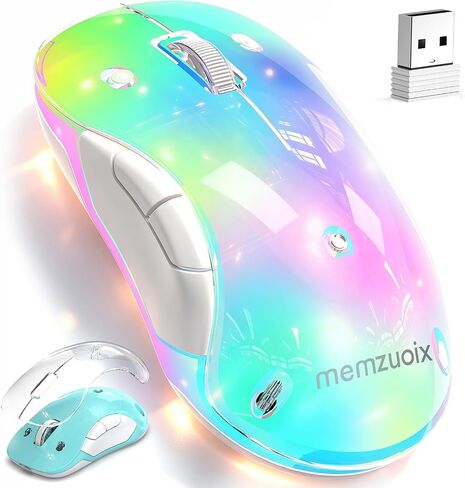 qaf 2.4G Wireless RGB LED Rechargeable Mouse, Transparent Computer Mouse with Detachable Magnetic Cover, 1400 DPI Optical Tracking, 5 Buttons, USB Receiver for Laptop PC Desktop MacBook (Purple) in Kuwait
