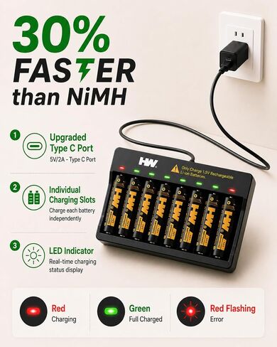 HW Rechargeable AA Batteries with AA/AAA Charger, 1.5V, 8-Pack 3500mWh in Kuwait