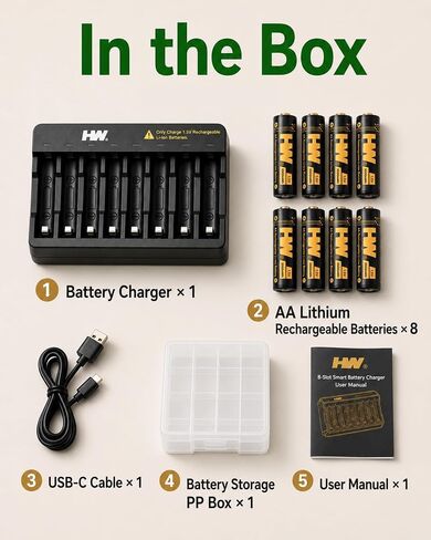 HW Rechargeable AA Batteries with AA/AAA Charger, 1.5V, 8-Pack 3500mWh in Kuwait