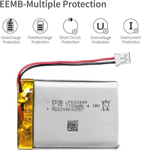 EEMB 3.7V Lipo Battery 1100mAh 603449 Rechargeable JST 2.0mm,1-Pack in Kuwait