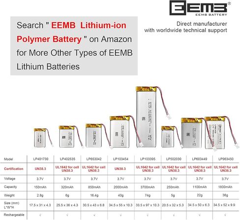 EEMB 3.7V Lipo Battery 1100mAh 603449 Rechargeable JST 2.0mm,1-Pack in Kuwait