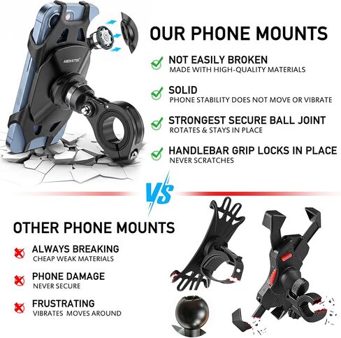 Bike Phone Mount, 360° Rotatable Bike Phone Holder for Motorcycle, Super Stable Bicycle Handlebar Phone Mount for Any Smartphones Between 4.7" and 6.7" - 3 Size Diameters Rubber Ring Included in Kuwait