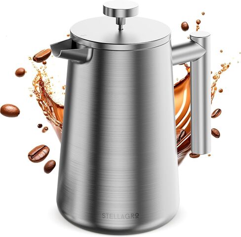 French Press Coffee Maker, Stainless Steel French Press 34 Oz / 1L, Double Wall Insulated Coffee Press with 3 Extra Mesh Filters, Metal Coffee Maker for Coffee & Tea, Satin Finish, Gold in Kuwait