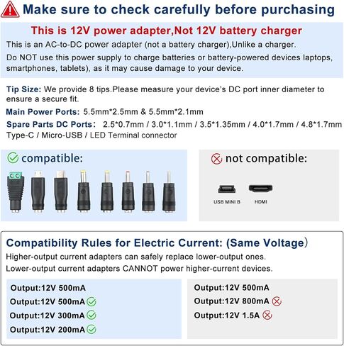 12V 500mA Power Adapter Supply AC 100-240V to DC 12V 0.5A 6W Universal Driver Transformer Charger with DC in 8 Plug Jacks Replace 12V 200mA 300mA 400mA for CCTV Cameras Router in Kuwait